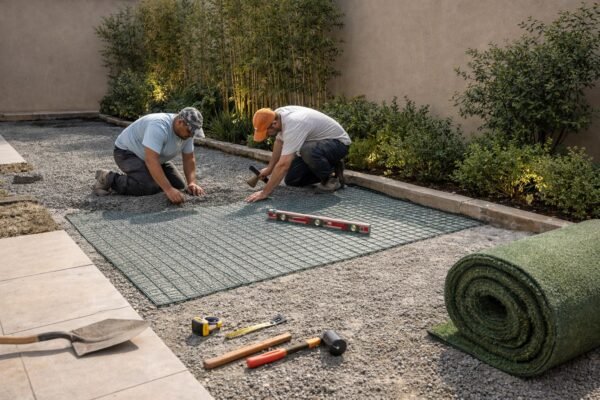 مشهد واقعي أفقي لمرحلة تنفيذ حديقة منزل بحي الحرازات جدة مع تثبيت طبقة القاعدة وأدوات تسوية