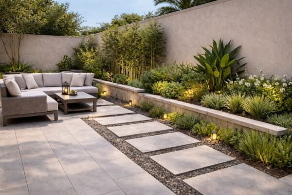 مشهد واقعي أفقي لحديقة منزلية حديثة في جدة نهارًا بجلسة خارجية وممر حجري وأحواض نباتات للخصوصية